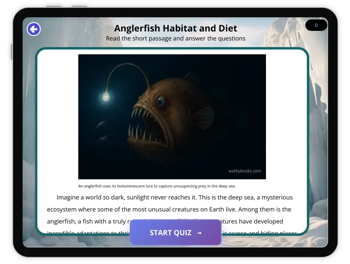 Interactive — Reading Comprehension preview: Anglerfish Habitat and Diet covering  standards - Page 1 of 1