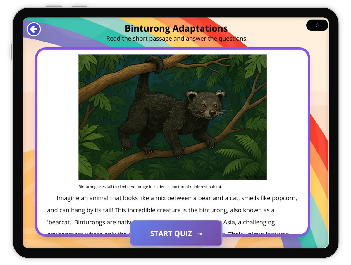 Interactive — Reading Comprehension preview: Binturong Adaptations covering  standards - Page 1 of 1