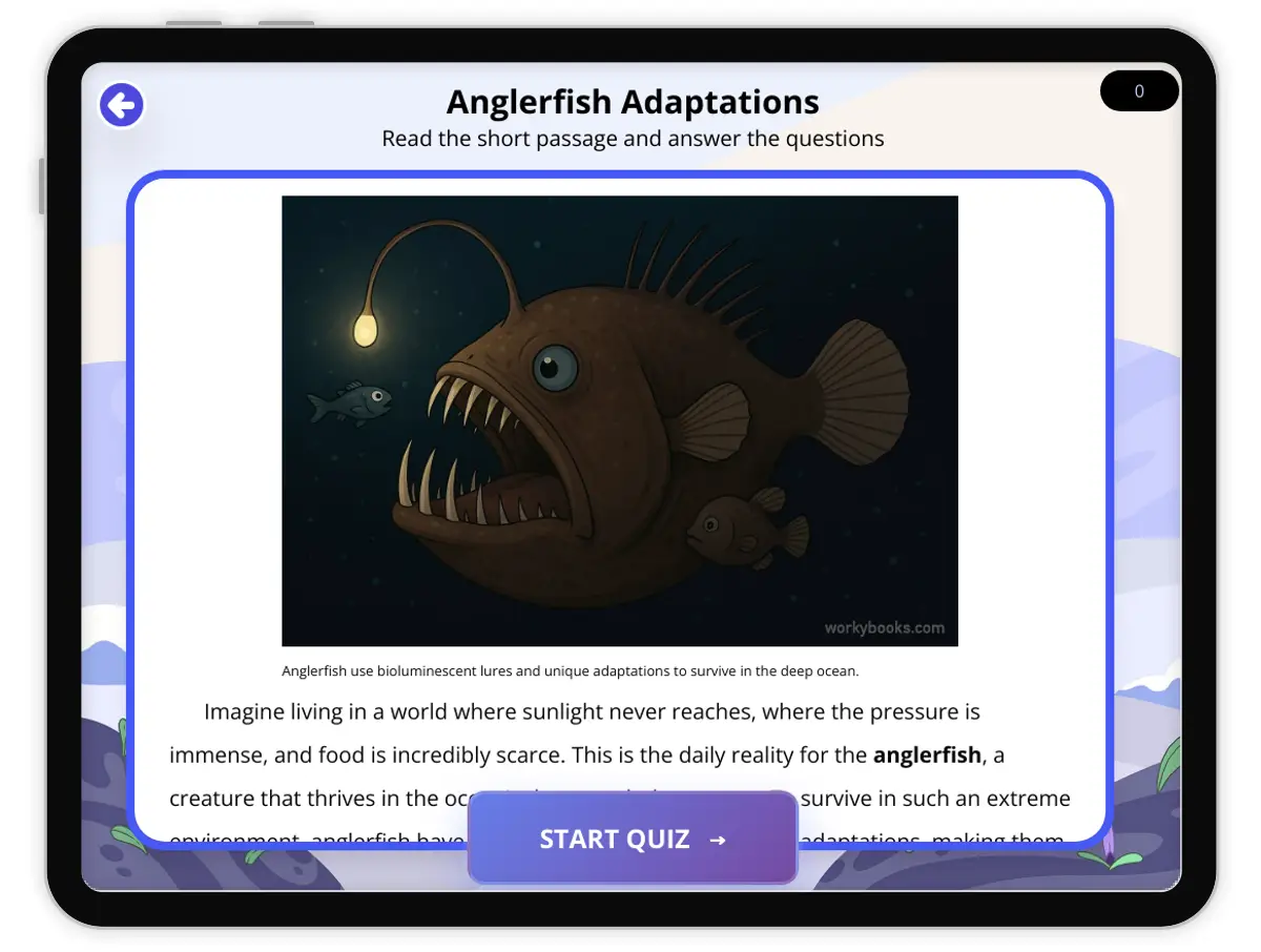 Interactive — Reading Comprehension preview: Anglerfish Adaptations covering  standards - Page 1 of 1