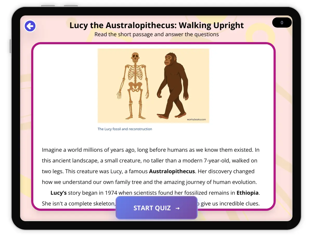 Interactive — Reading Comprehension preview: Lucy the Australopithecus covering  standards - Page 1 of 1