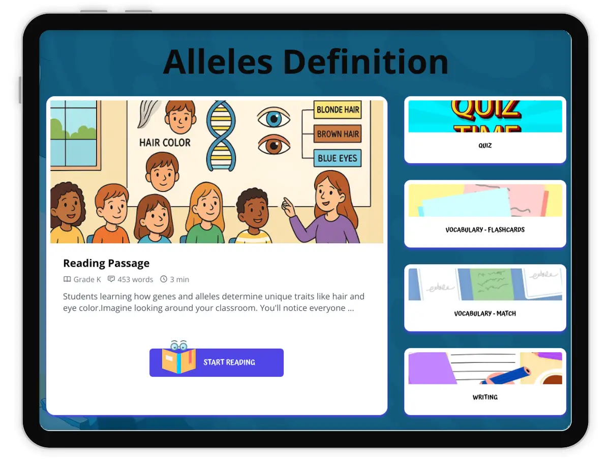 Interactive — Reading Comprehension preview: Alleles Definition covering  standards - Page 1 of 1