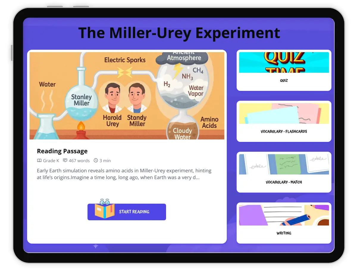 Interactive — Reading Comprehension preview: The Miller-Urey Experiment covering  standards - Page 1 of 1