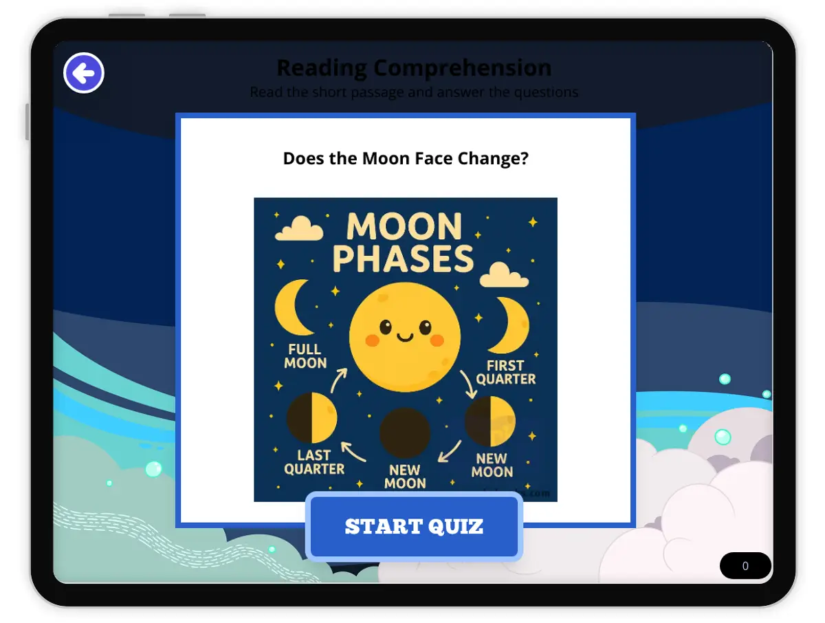Interactive — Reading Comprehension preview: Does the Moon Face Change? covering 1-ESS1-1 standards - Page 1 of null