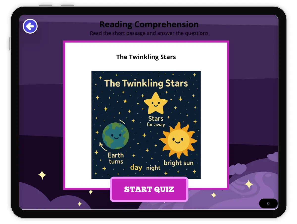Interactive — Reading Comprehension preview: The Twinkling Stars  covering 1-ESS1-1 standards - Page 1 of null