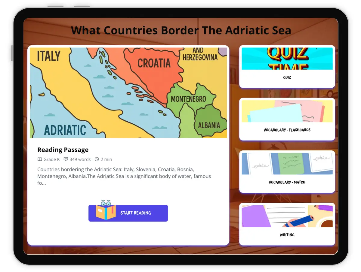 Interactive — Reading Comprehension preview: What Countries Border The Adriatic Sea covering  standards - Page 1 of 1