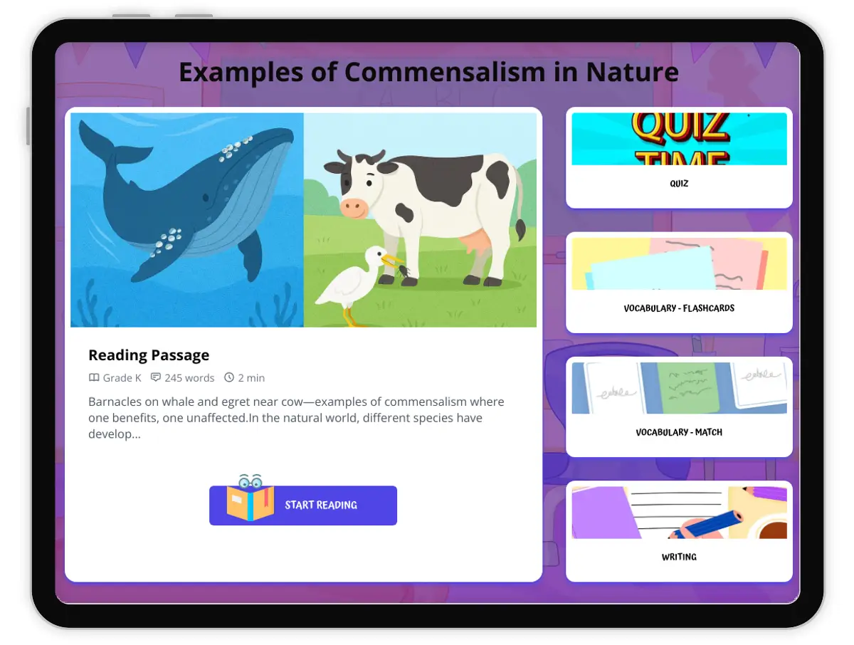 Interactive — Reading Comprehension preview: Examples of Commensalism in Nature covering  standards - Page 1 of 1