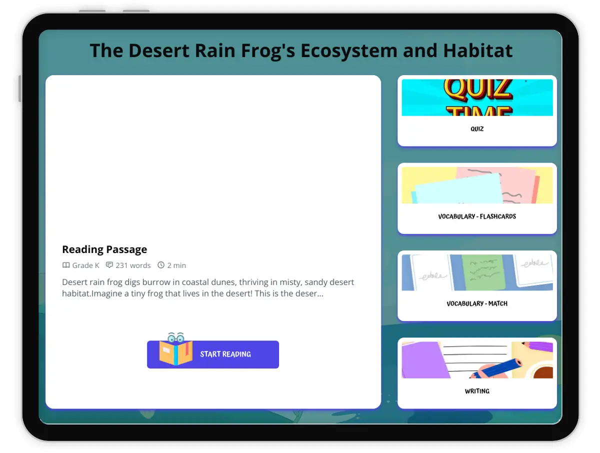 Interactive — Reading Comprehension preview: The Desert Rain Frog's Ecosystem and Habitat covering  standards - Page 1 of 1