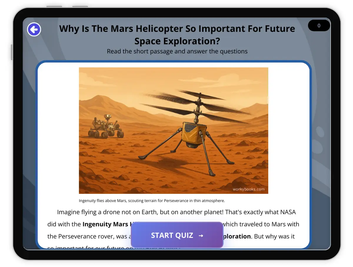 Interactive — Reading Comprehension preview: Why Is The Mars Helicopter So Important For Future Space Exploration? covering  standards - Page 1 of 1