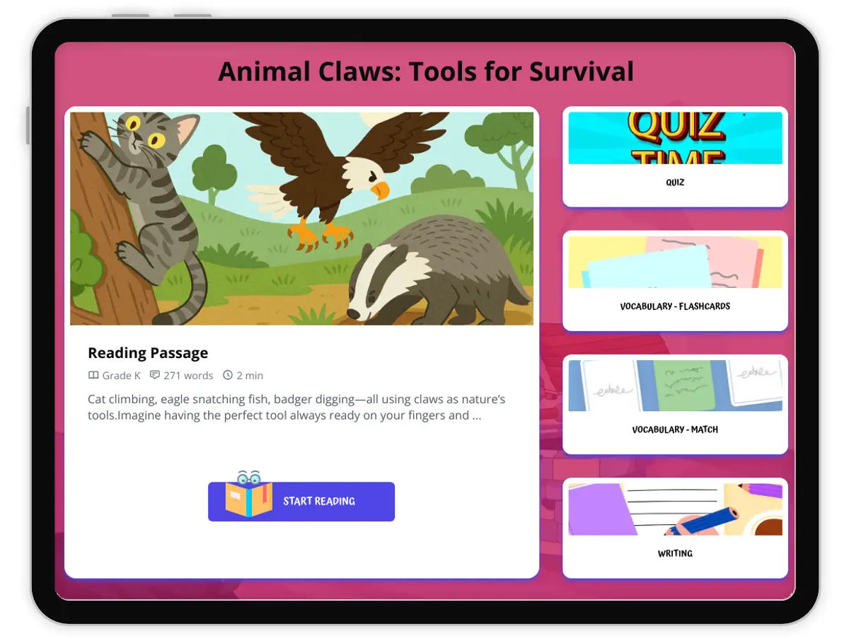 Interactive — Reading Comprehension preview: Animal Claws: Tools for Survival covering  standards - Page 1 of 1