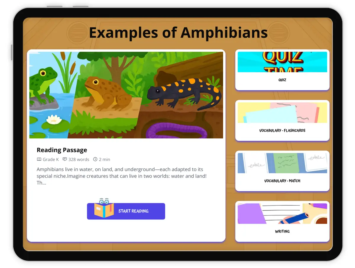 Interactive — Reading Comprehension preview: Examples of Amphibians covering  standards - Page 1 of 1