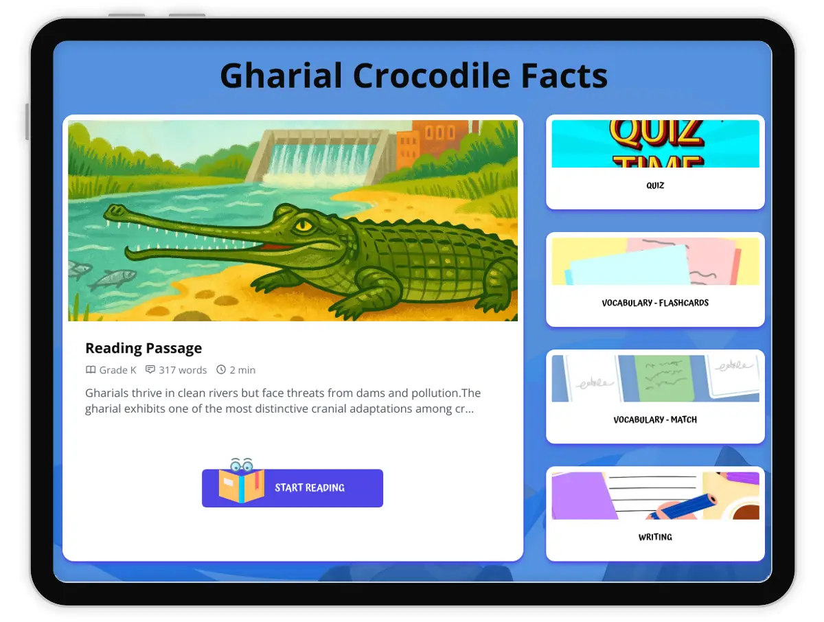 Interactive — Reading Comprehension preview: Gharial Crocodile Facts covering  standards - Page 1 of 1