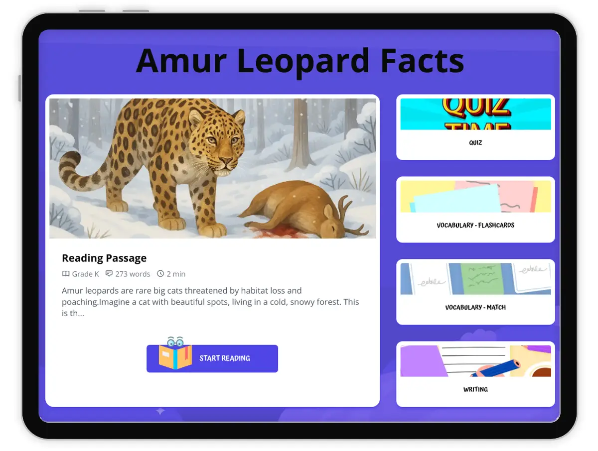 Interactive — Reading Comprehension preview: Amur Leopard Facts covering  standards - Page 1 of 1