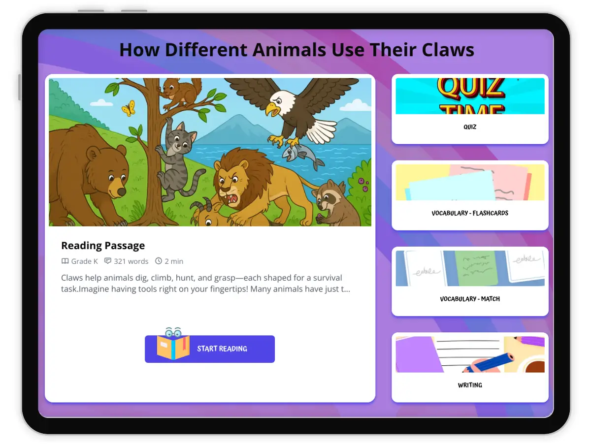 Interactive — Reading Comprehension preview: How Different Animals Use Their Claws covering  standards - Page 1 of 1