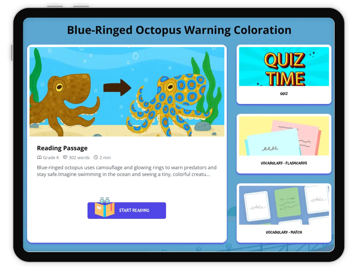 Interactive — Reading Comprehension preview: Blue-Ringed Octopus Warning Coloration covering  standards - Page 1 of 1