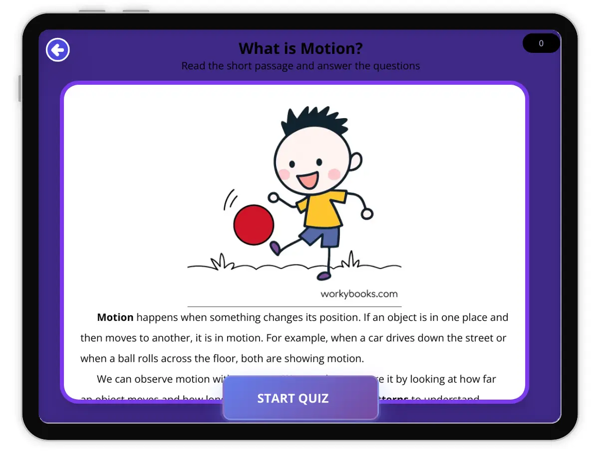 Interactive — Reading Comprehension preview: What is Motion? covering  standards - Page 1 of null
