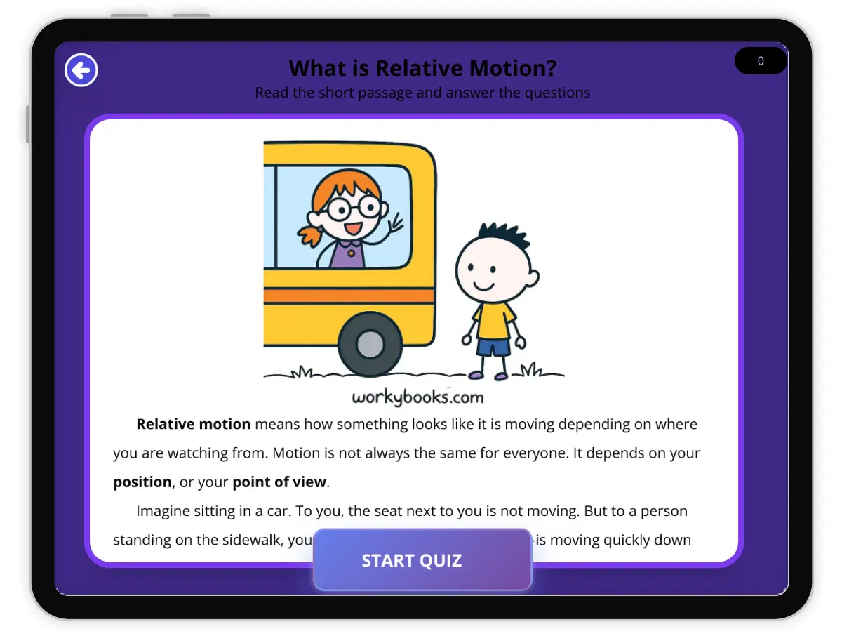 Interactive — Reading Comprehension preview: What is Relative Motion? covering  standards - Page 1 of null