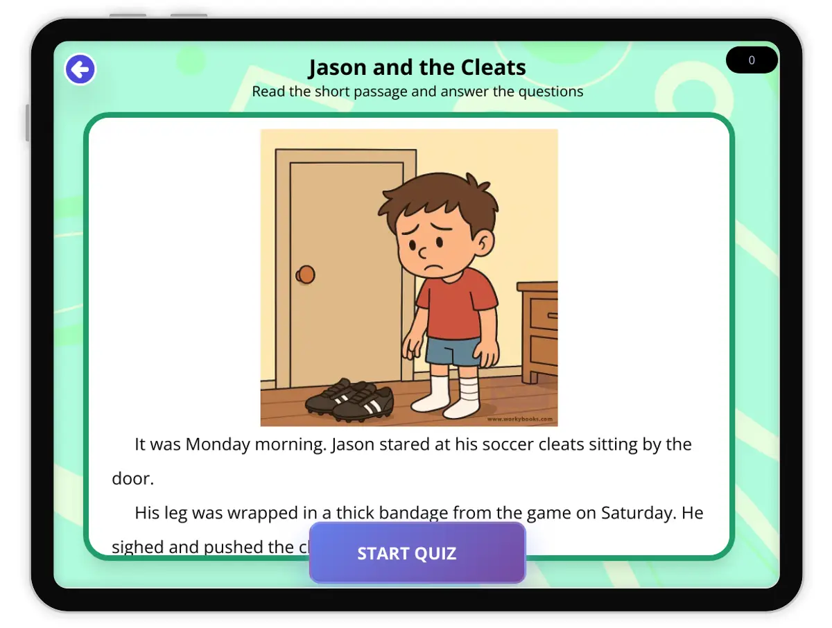 Interactive — Reading Comprehension preview: Jason and the Cleats— Making Inferences covering RL.3.1 standards - Page 1 of null