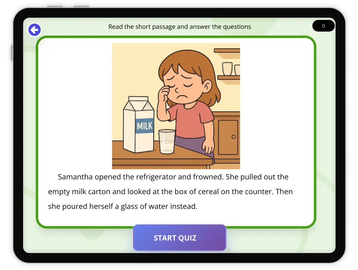 Interactive — Reading Comprehension preview: Samantha and Milk— Making Inferences covering RL.3.1 standards - Page 1 of null