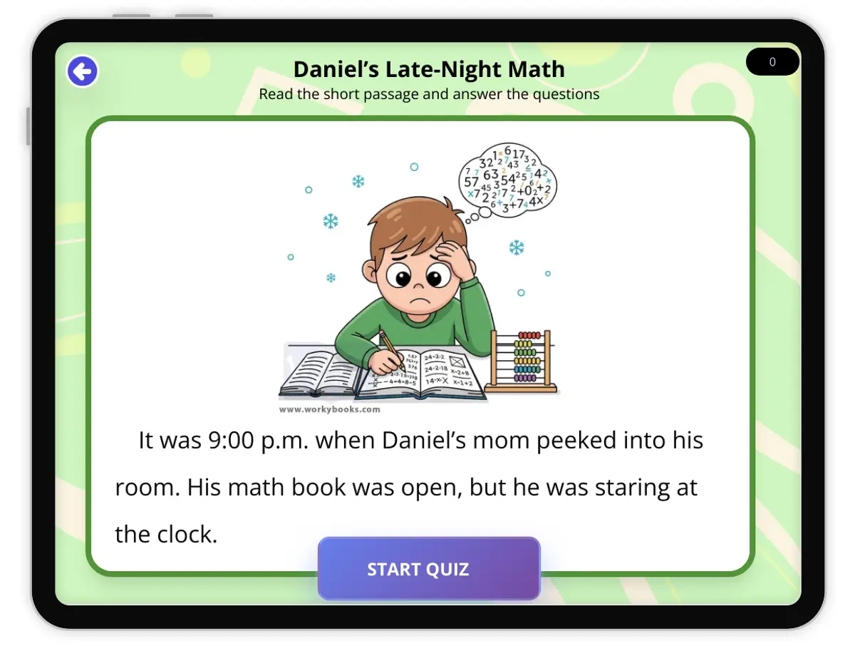 Interactive — Reading Comprehension preview: Daniel’s Late-Night Math— Making Inferences covering RL.3.1 standards - Page 1 of null