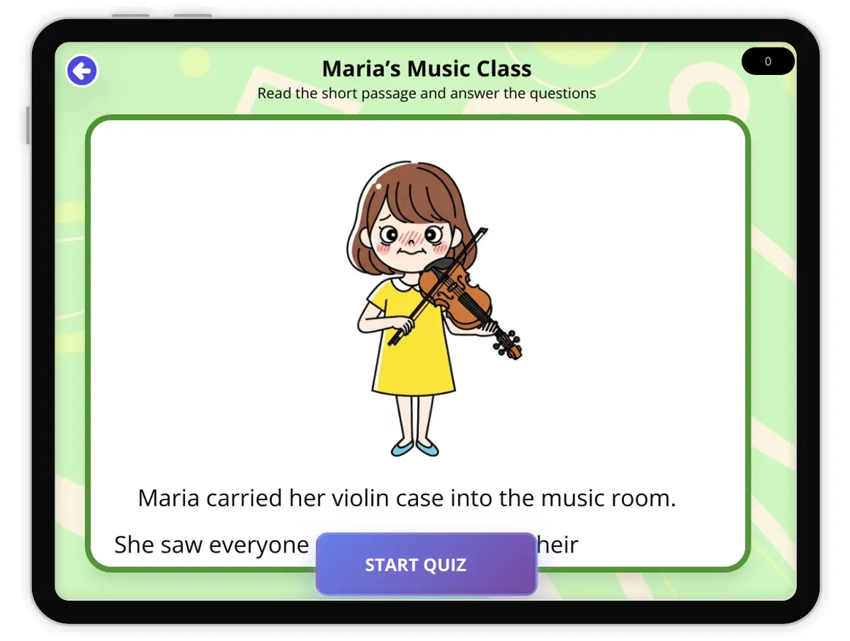 Interactive — Reading Comprehension preview: Maria’s Music Class— Making Inferences covering RL.3.1 standards - Page 1 of null