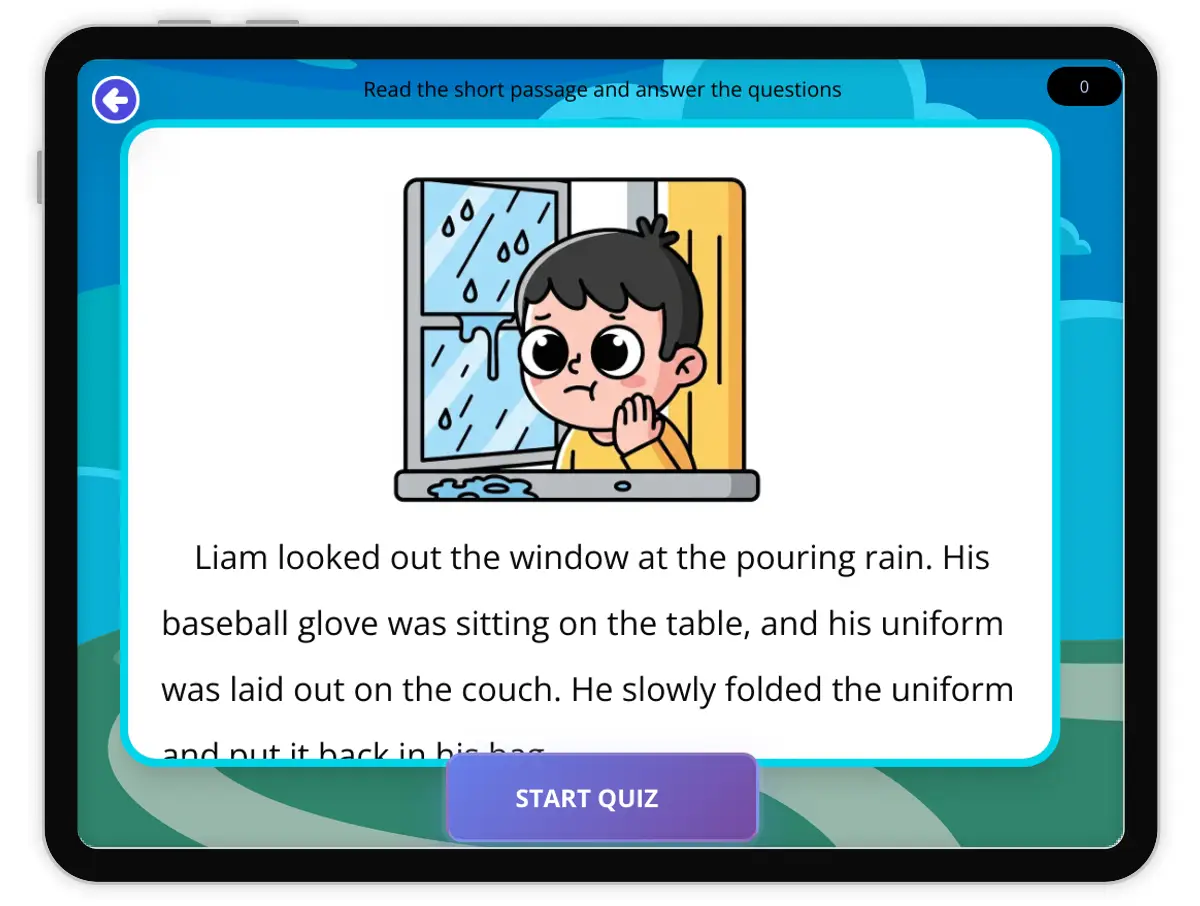 Interactive — Reading Comprehension preview: Liam’s Rainy Game— Making Inferences covering RL.3.1 standards - Page 1 of null