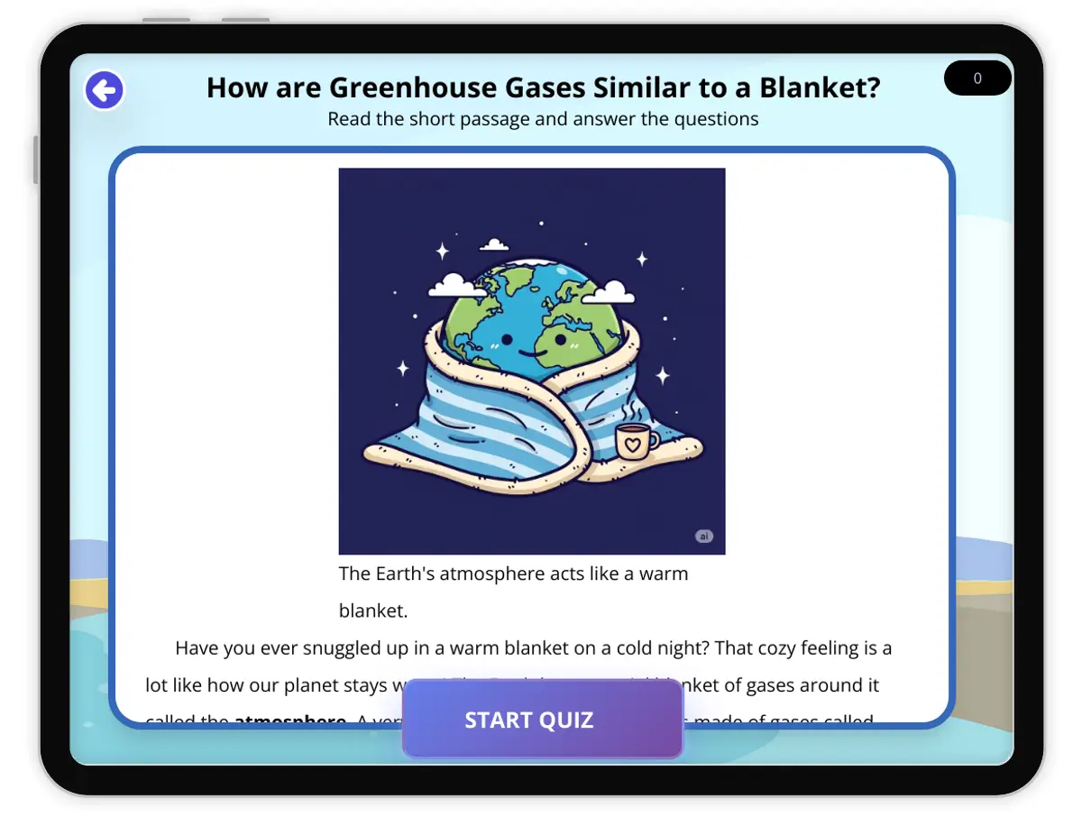 Interactive — Reading Comprehension preview: How are Greenhouse Gases Similar to a Blanket? covering  standards - Page 1 of null