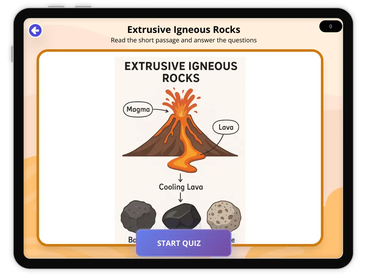 Interactive — Reading Comprehension preview: Extrusive Igneous Rocks covering  standards - Page 1 of null