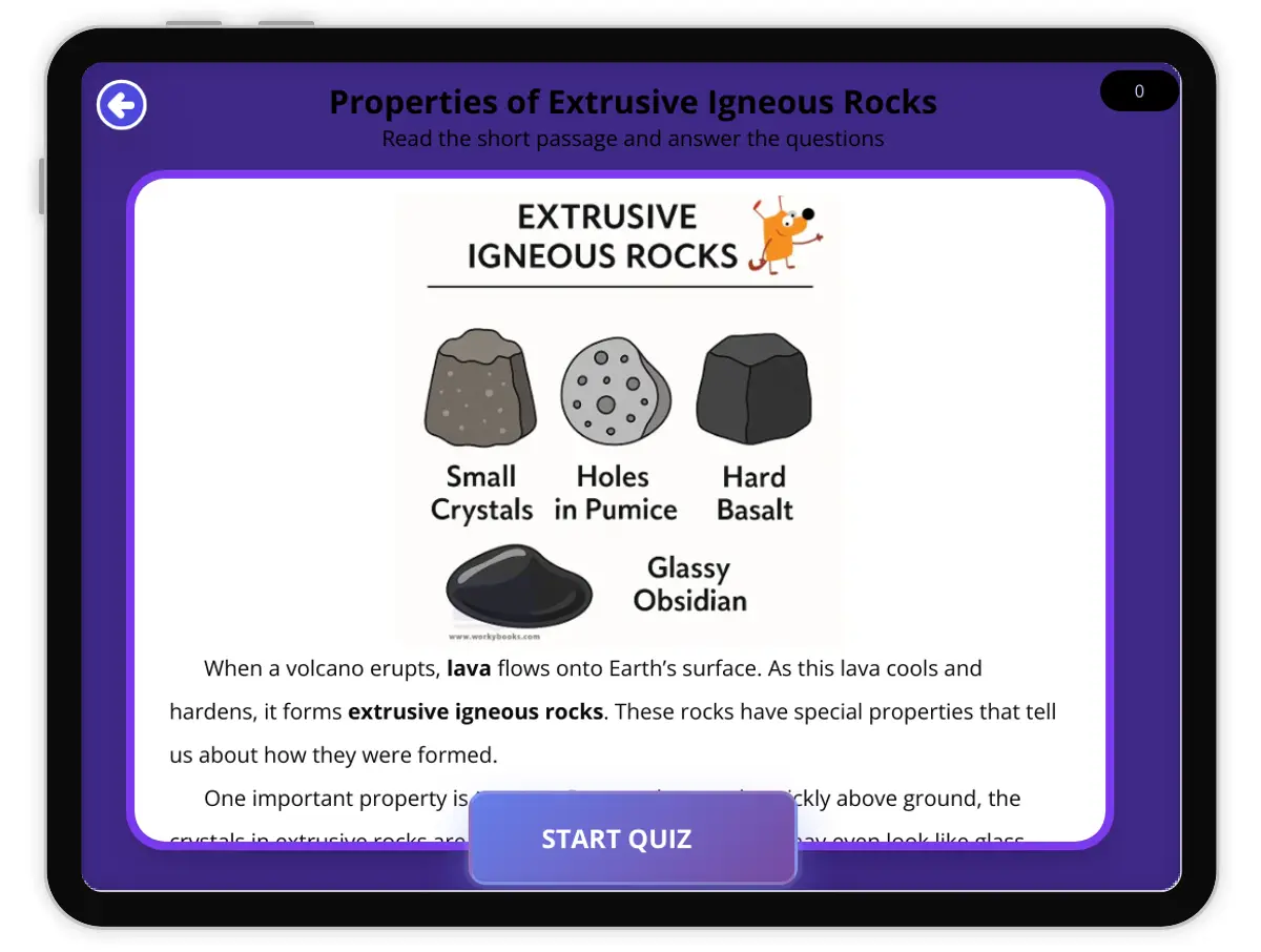 Interactive — Reading Comprehension preview: Properties of Extrusive Igneous Rocks covering  standards - Page 1 of null