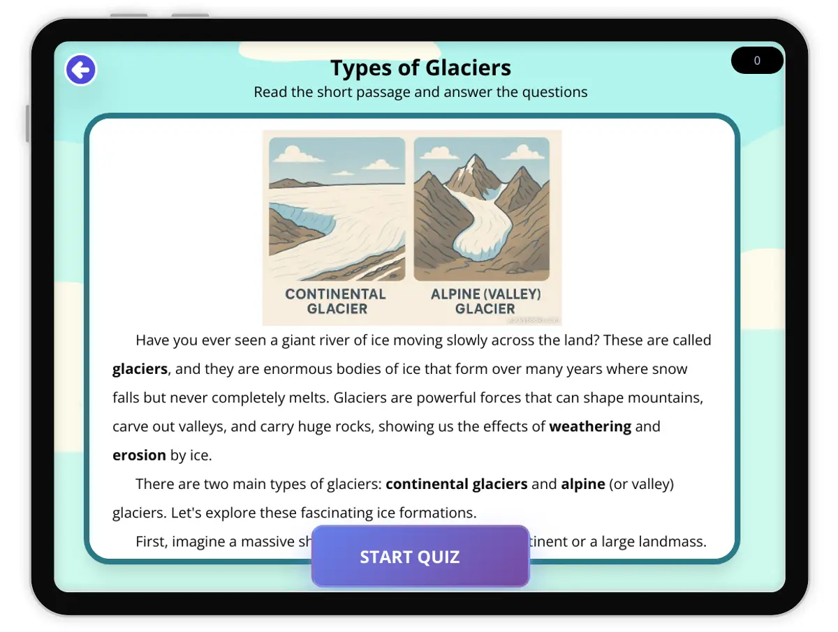 Interactive — Reading Comprehension preview: Types of Glaciers covering  standards - Page 1 of 1