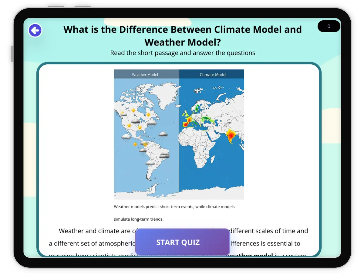 Interactive — Reading Comprehension preview: What Is The Difference Between Climate Model And Weather Model? covering  standards - Page 1 of null