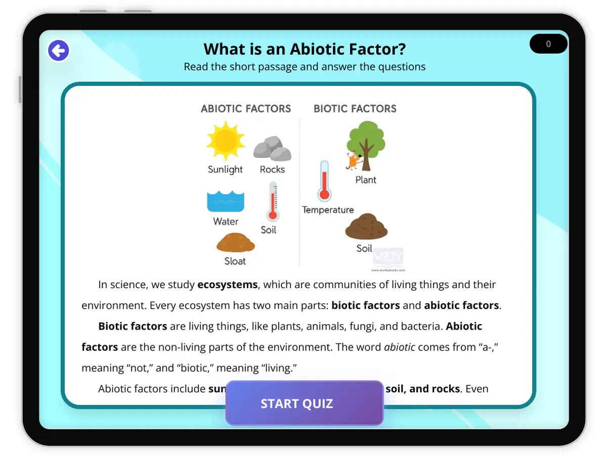 Interactive — Reading Comprehension preview: What is an Abiotic Factor? covering  standards - Page 1 of null