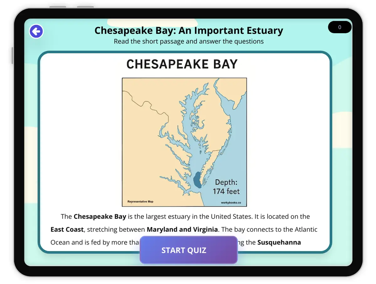 Interactive — Reading Comprehension preview: Chesapeake Bay: An Important Estuary covering  standards - Page 1 of null