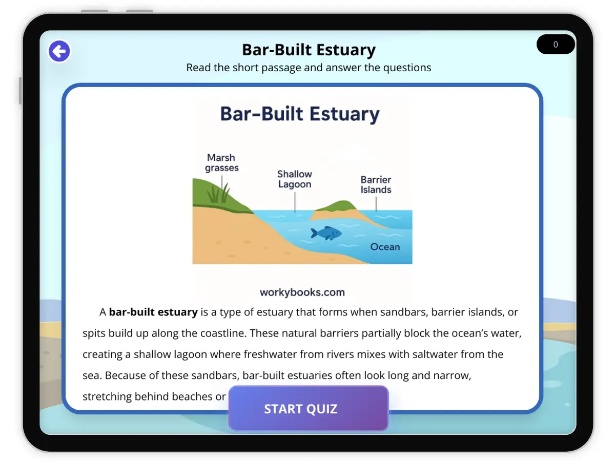 Interactive — Reading Comprehension preview: Bar-Built Estuary Example covering  standards - Page 1 of null