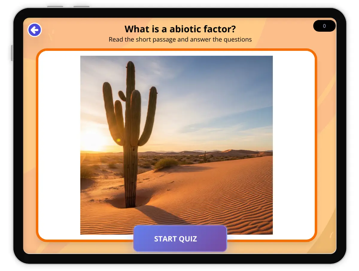 Interactive — Reading Comprehension preview: Biotic and Abiotic Factors covering  standards - Page 1 of null