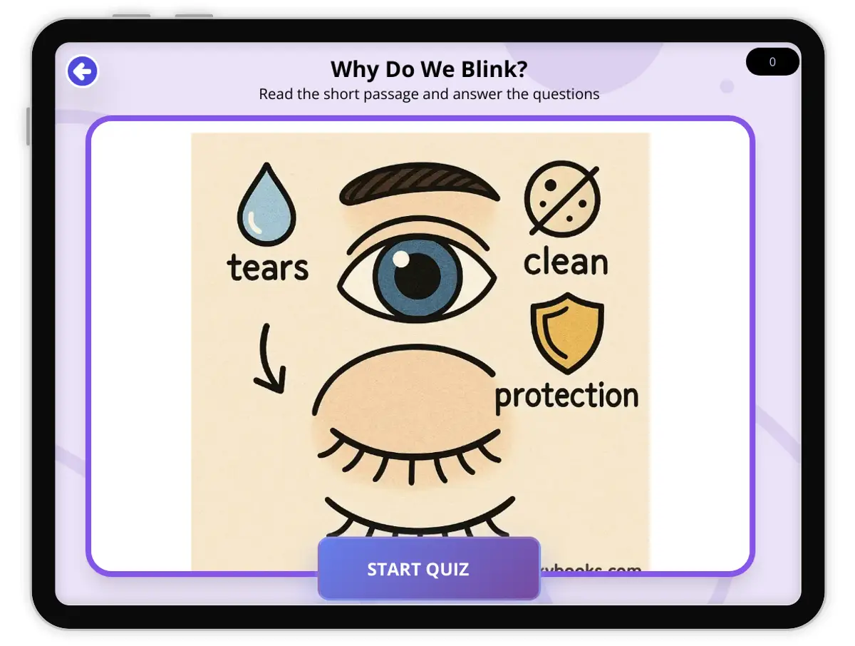 Interactive — Reading Comprehension preview: Why Do We Blink? covering  standards - Page 1 of null