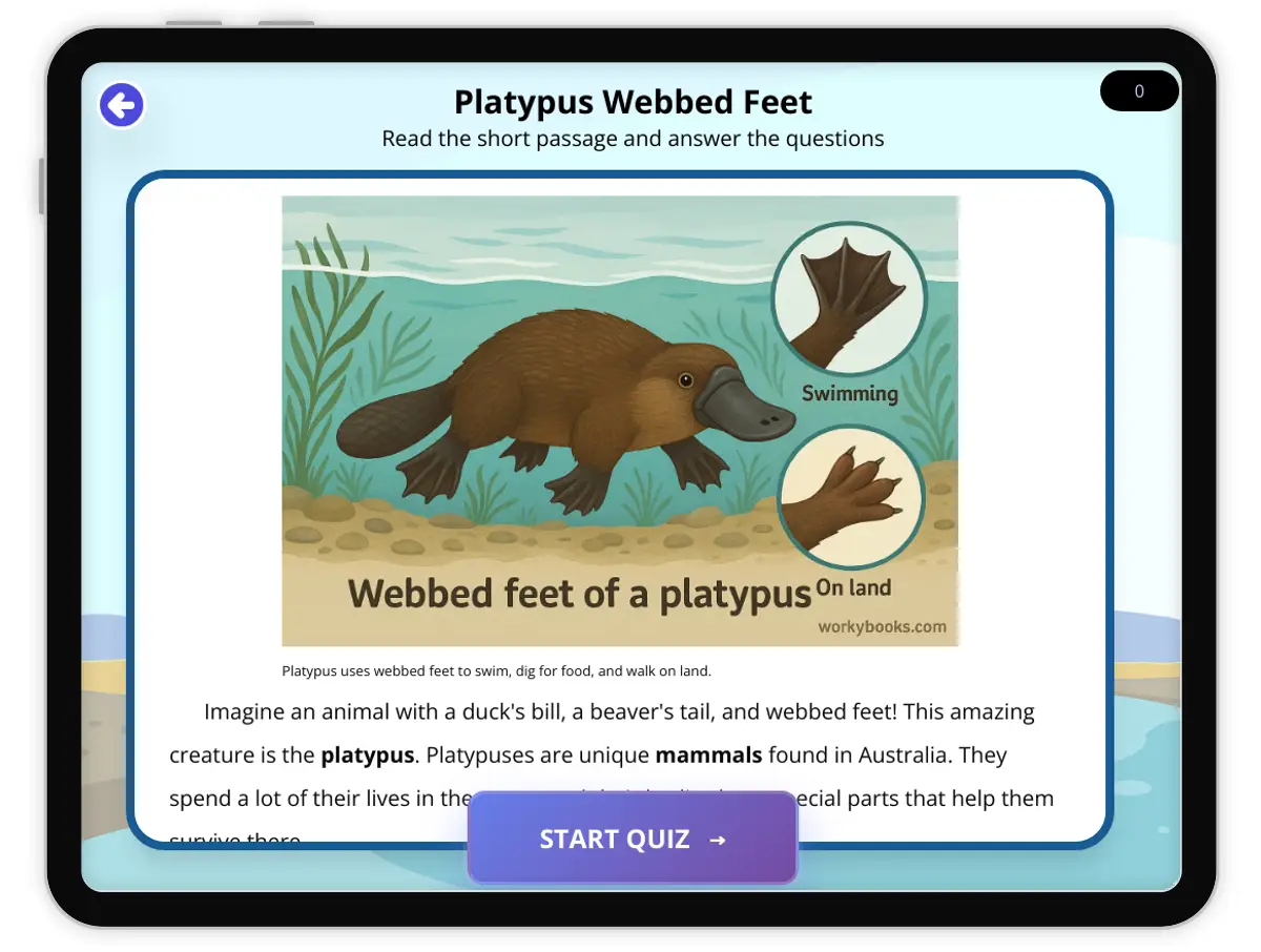 Interactive — Reading Comprehension preview: Platypus Webbed Feet covering  standards - Page 1 of 1