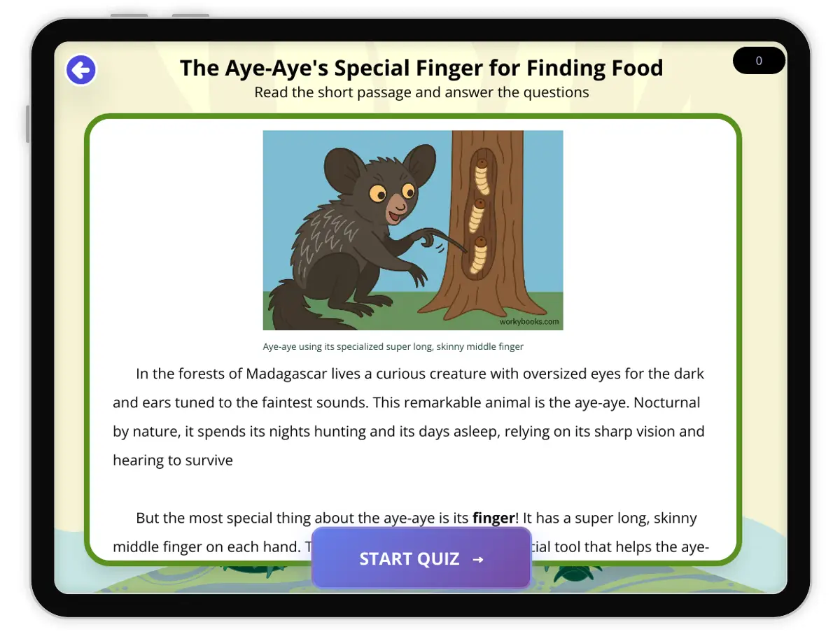 Interactive — Reading Comprehension preview: The Aye-Aye's Special Finger for Finding Food covering  standards - Page 1 of 1