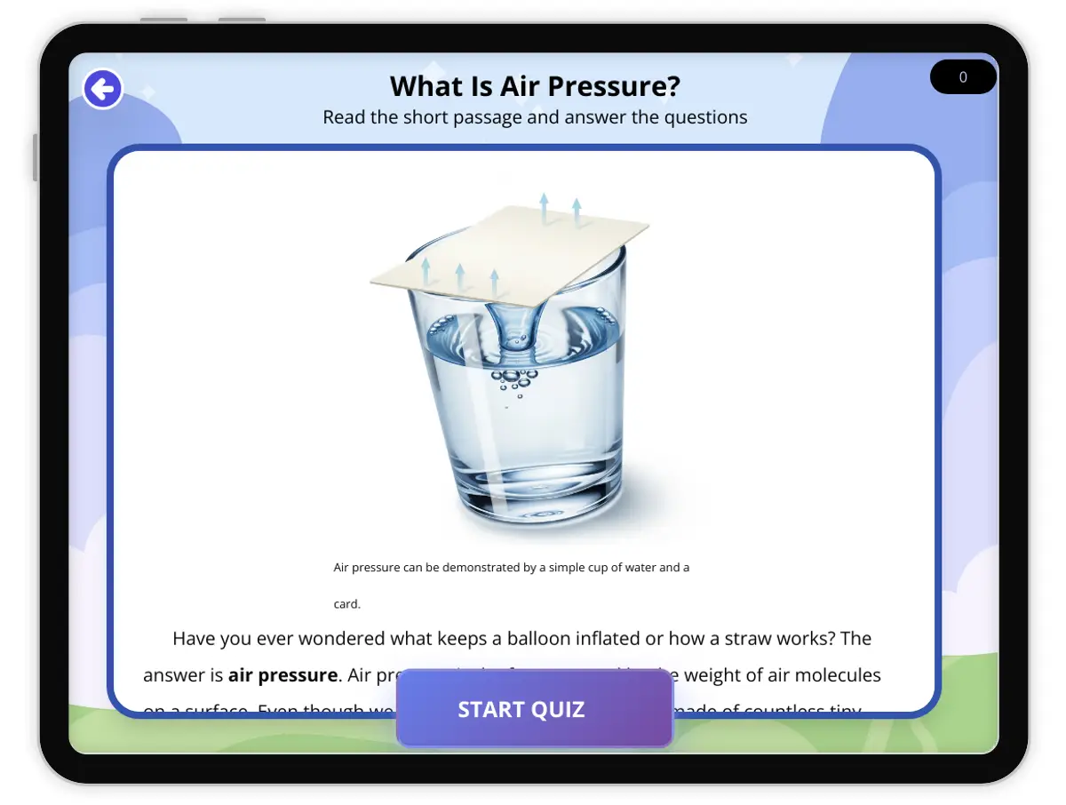 Interactive — Reading Comprehension preview: What Is Air Pressure? covering  standards - Page 1 of null