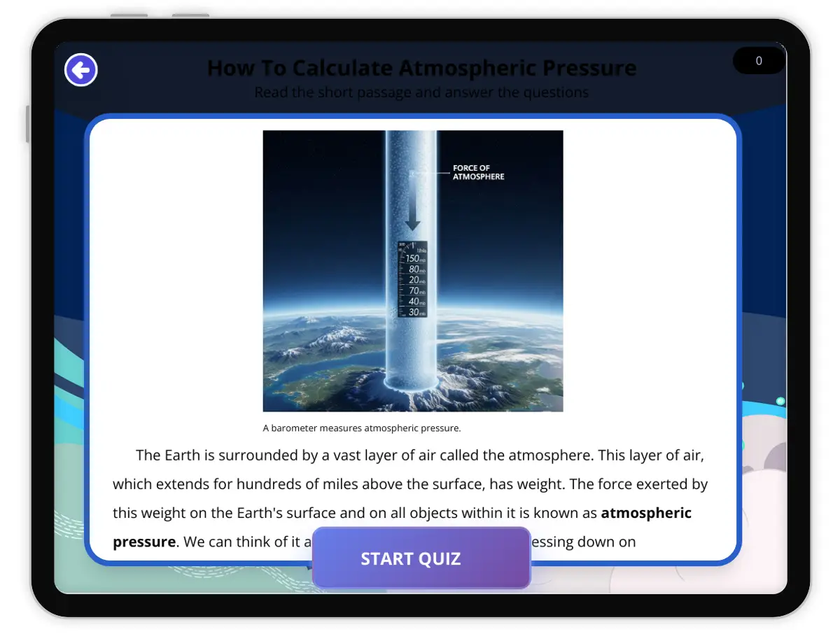 Interactive — Reading Comprehension preview: How To Calculate Atmospheric Pressure covering  standards - Page 1 of null