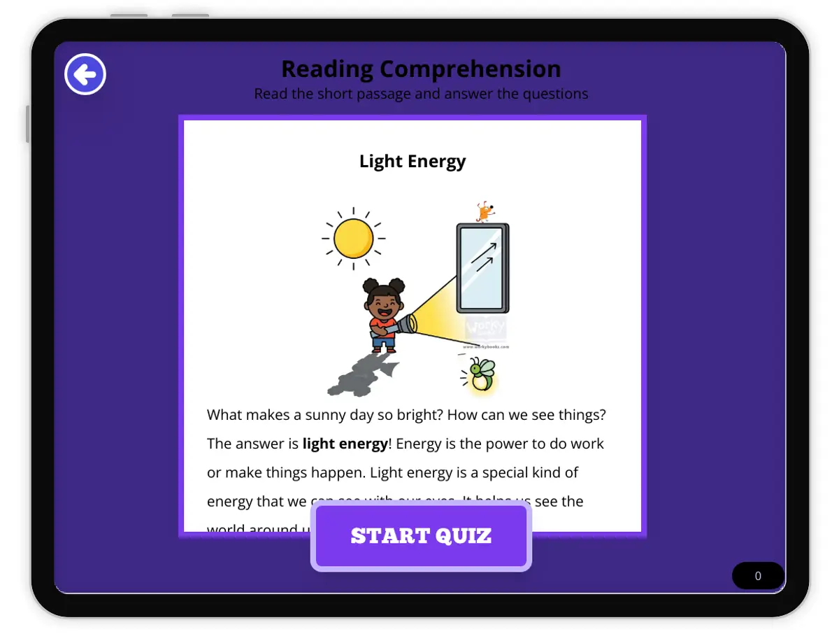 Interactive — Reading Comprehension preview: Light Energy  covering  standards - Page 1 of null
