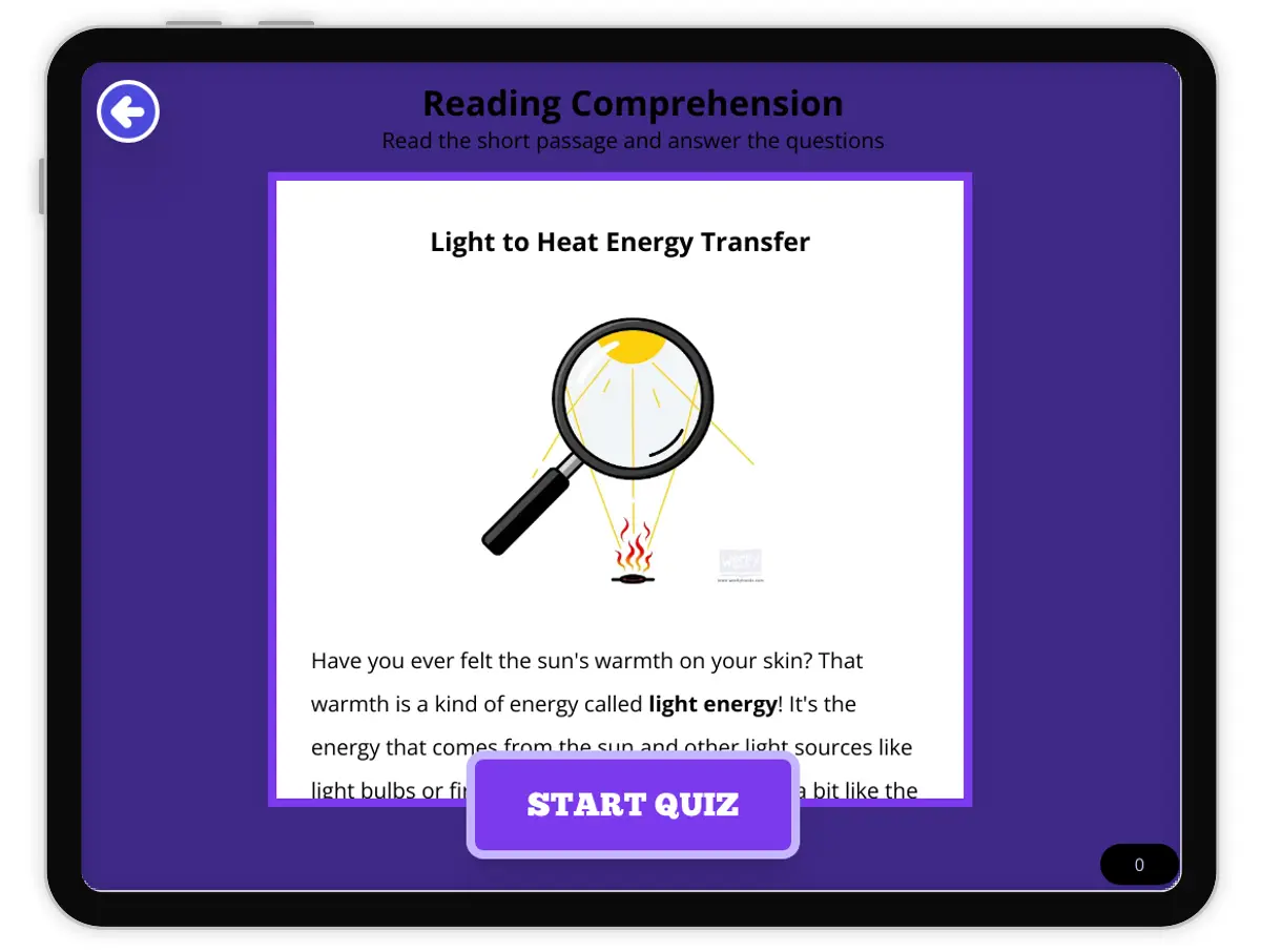 Interactive — Reading Comprehension preview: Light to Heat Energy covering  standards - Page 1 of null