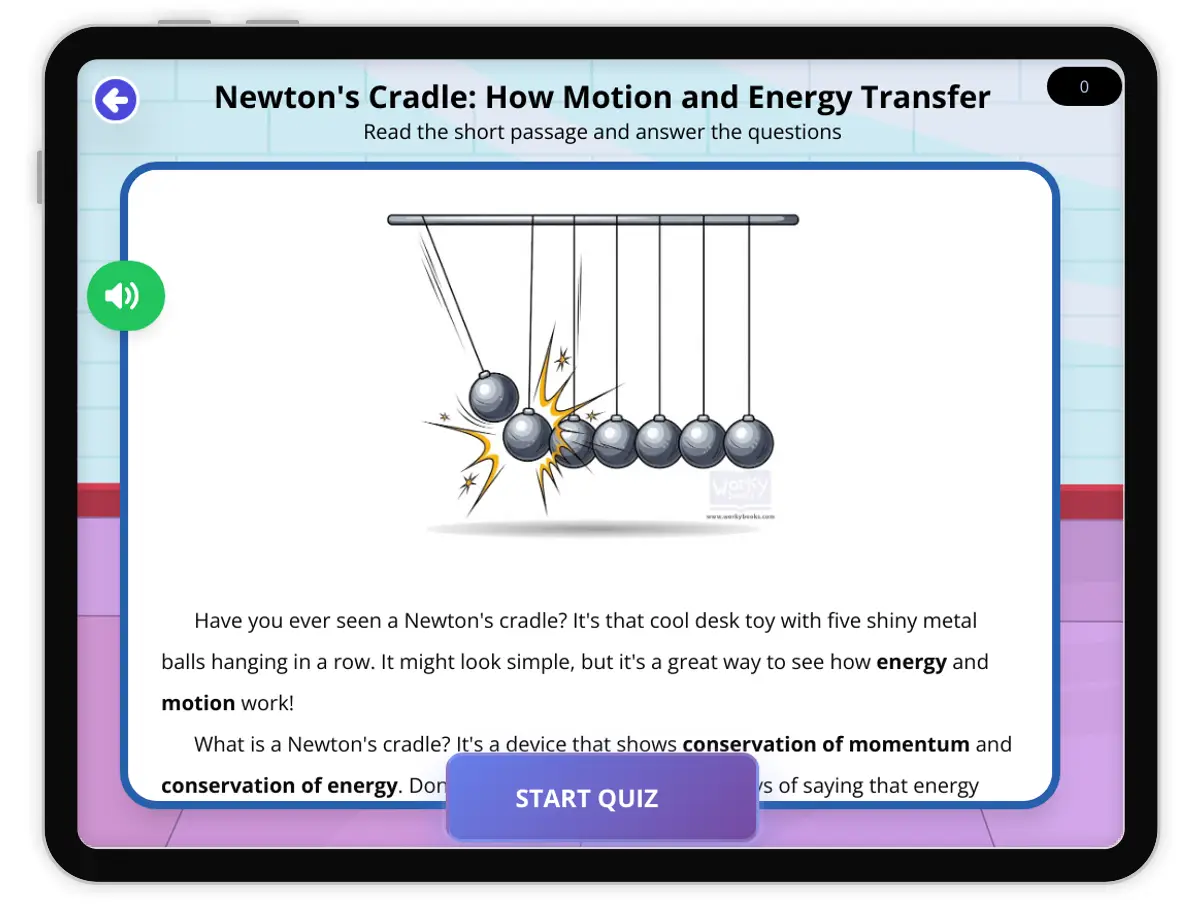 Interactive — Reading Comprehension preview: Newton's Cradle covering  standards - Page 1 of null