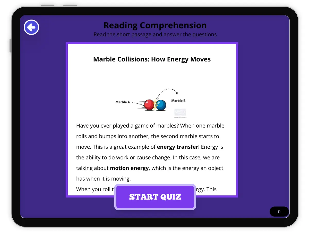 Interactive — Reading Comprehension preview: Marble Collision Experiment covering  standards - Page 1 of null
