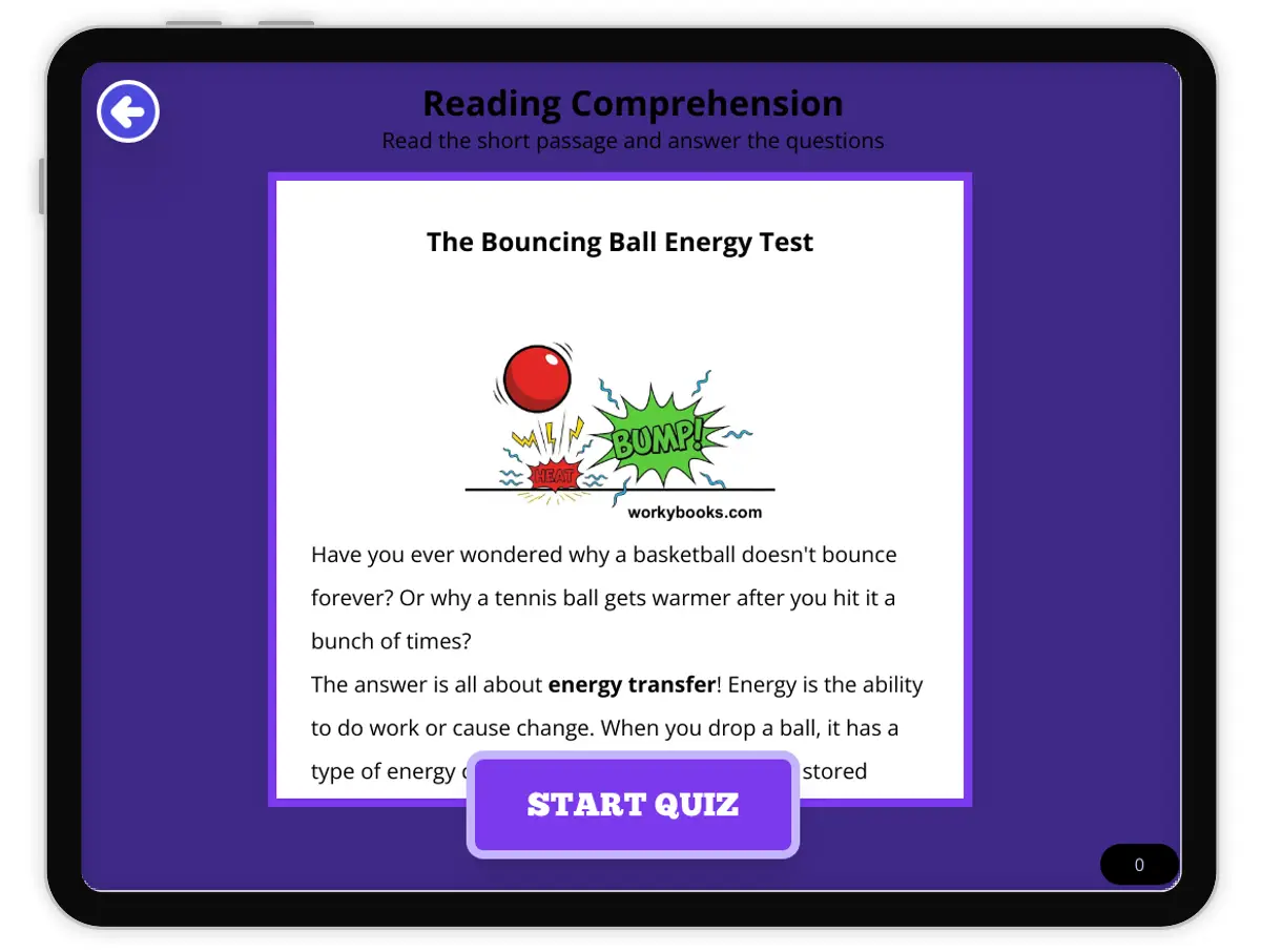 Interactive — Reading Comprehension preview: The Bouncing Ball Energy Test covering  standards - Page 1 of null