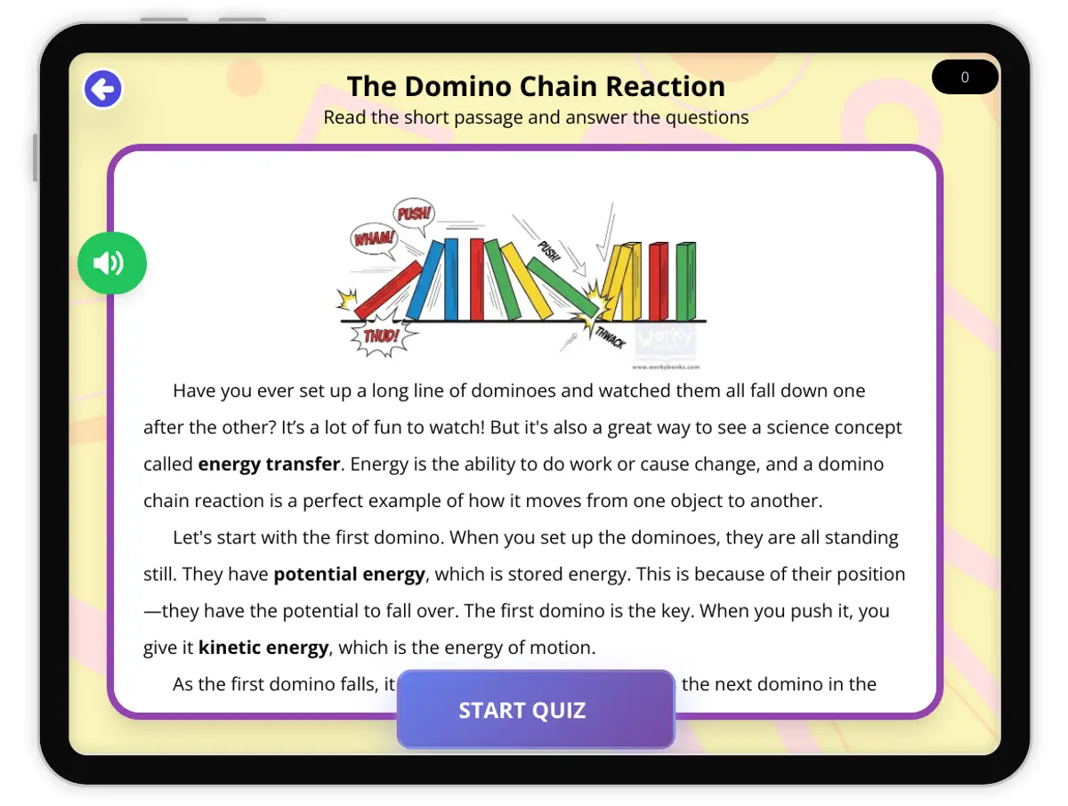 Interactive — Reading Comprehension preview: The Domino Chain Reaction covering  standards - Page 1 of null