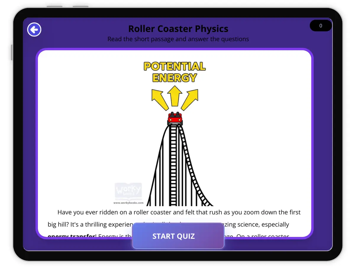 Interactive — Reading Comprehension preview: Roller Coaster Physics covering  standards - Page 1 of null