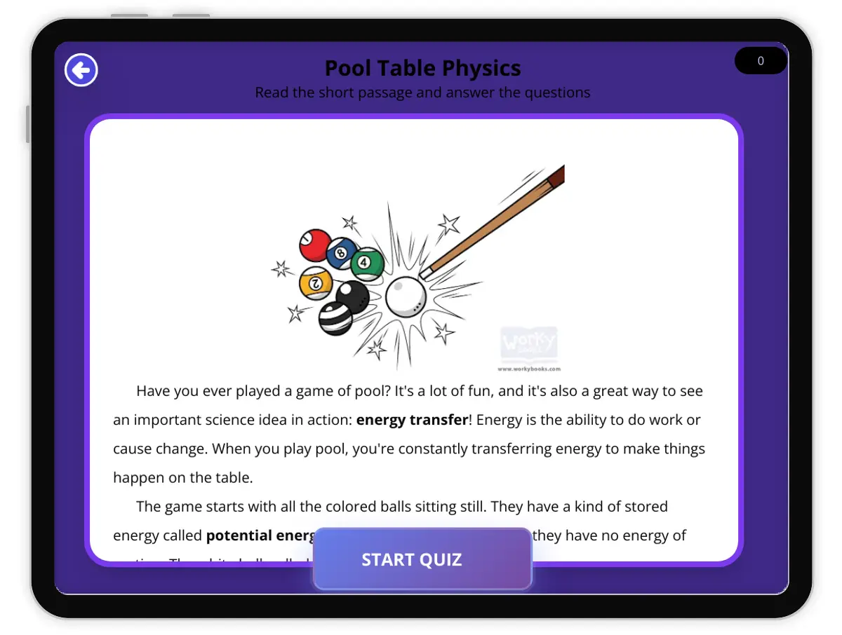 Interactive — Reading Comprehension preview: Pool Table Physics covering  standards - Page 1 of null