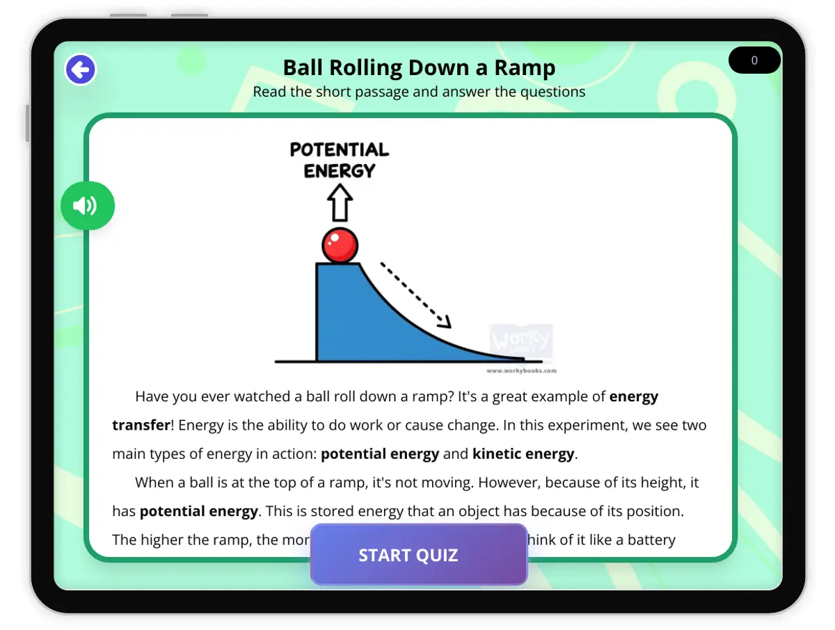Interactive — Reading Comprehension preview: Ball Rolling Down the Ramp covering  standards - Page 1 of null