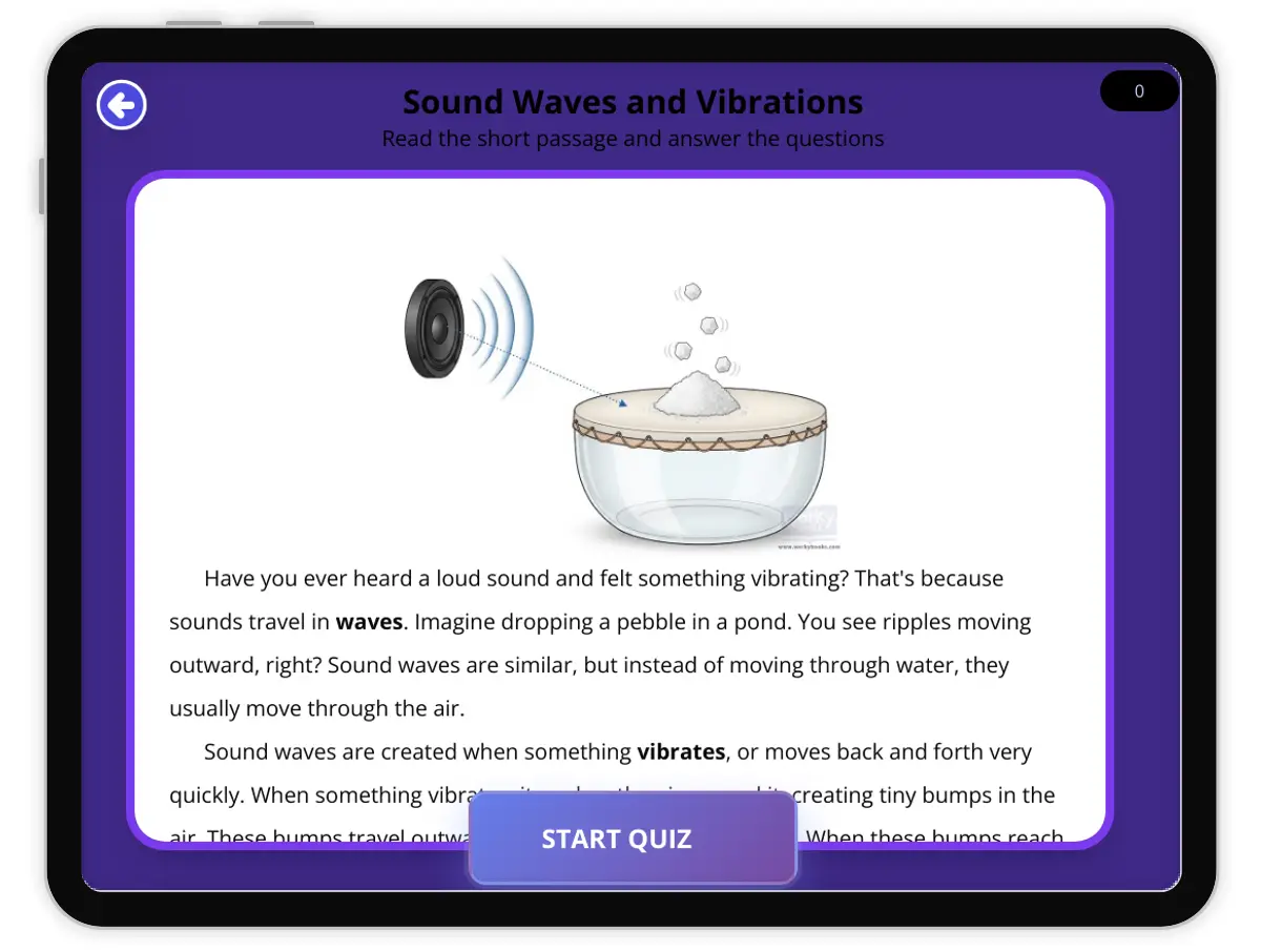 Interactive — Reading Comprehension preview: Sound Waves and Vibrations covering  standards - Page 1 of null