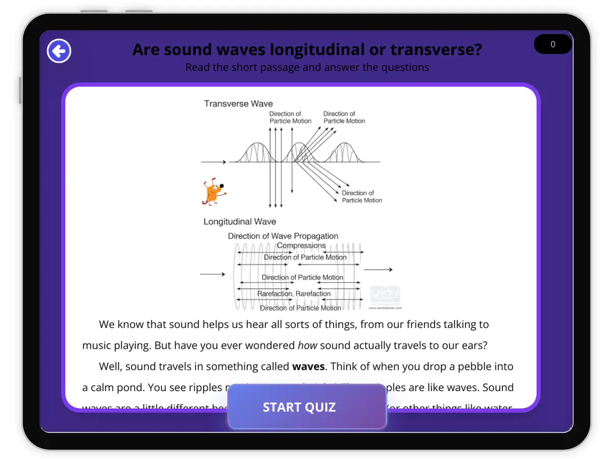 Interactive — Reading Comprehension preview: Are sound waves longitudinal or transverse? covering  standards - Page 1 of null